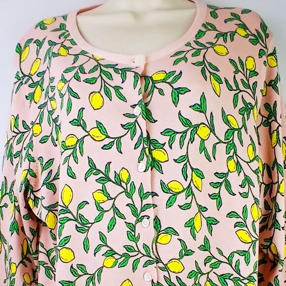 Lands' End SZ XL/18 Pink Cardigan Sweater With Lemons Art To Wear Cotton Plus - Picture 3 of 5